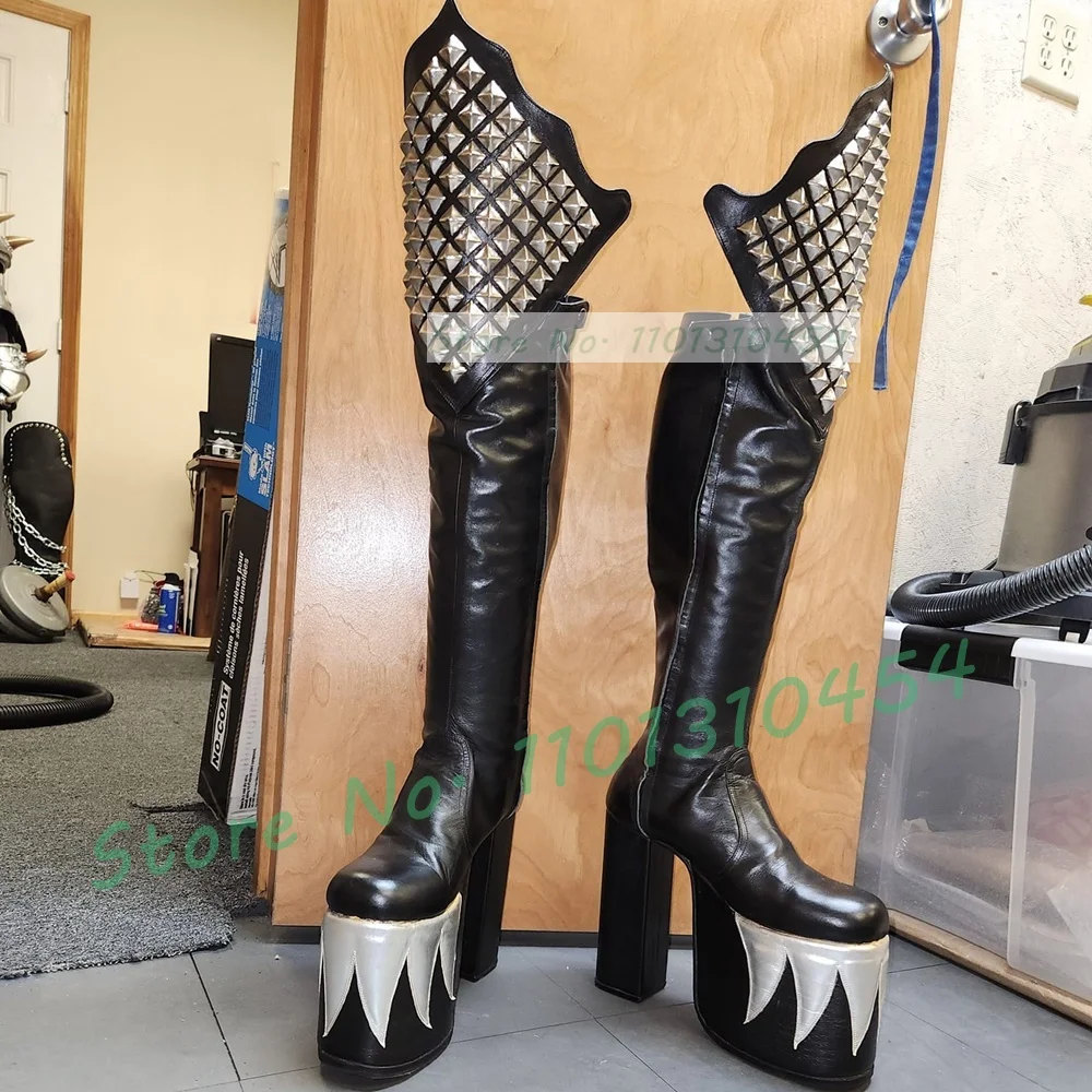 Cosplay Flame Prop - Siyah diz yüksek platformu şeytan çizmeler