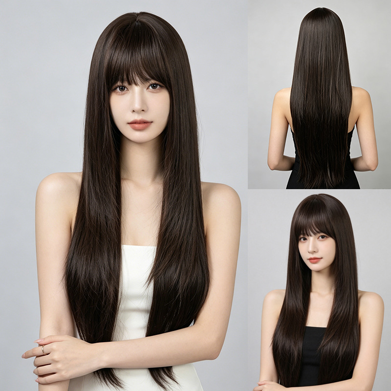 Wig Fiber Net - Uzun, düz, perçemli, tam başlık, doğal